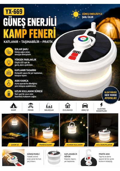 Güneş Enerjili Kamp Feneri 10 Metre Ledli Rgb 4 Işık Modlu Asılabilir Piknik Acil Durum Solar Feneri -