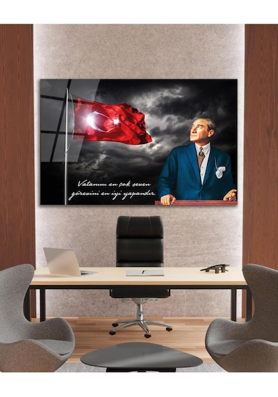 Türk Bayrağı Ve Atatürk Cam Tablo Vatanını En Çok Seven Modern Ev Ofis Salon Kurum Hediyelik Tablo