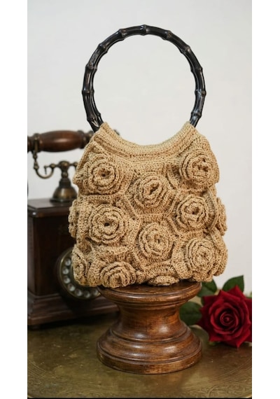 Vintage Rose El Yapımı Tasarım Çanta - Ahşap Saplı Örgü El Çantası Sarı