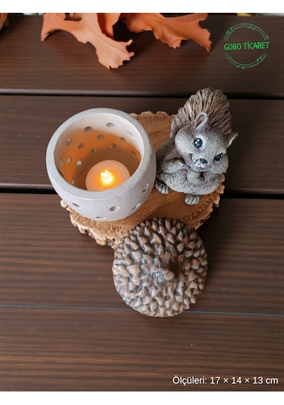 Rustik Sincap Figürlü Meşe Palamudu Mumluk Tealight Led Mum Hediyeli 17 14 13 Cm 17 14 13 Cm