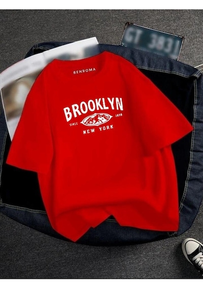Oversıze Brooklyn Baskılı Unısex Tisort Baskılı Kirmizi