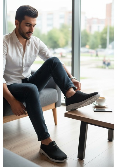 Enoch Erkek Bağcıksız Pratik Yürüyüş Ayakkabısı - Fileli Rahat Kalıp Slip-on Siyah