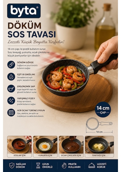 14 Cm Döküm Sos Tavası Yapışmaz Granit Desenli Mini Tava Diğer