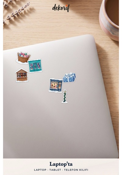 Yeni Yıl Panayırı Sticker Seti 100 Adet - Işıltılı Dükkanlar Karlı Sokaklar Renkli Ajanda Çıkartma Çok Renkli