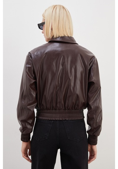 Fullamoda Çift Cepli Polo Yaka Suni Deri Bomber Ceket Bordo