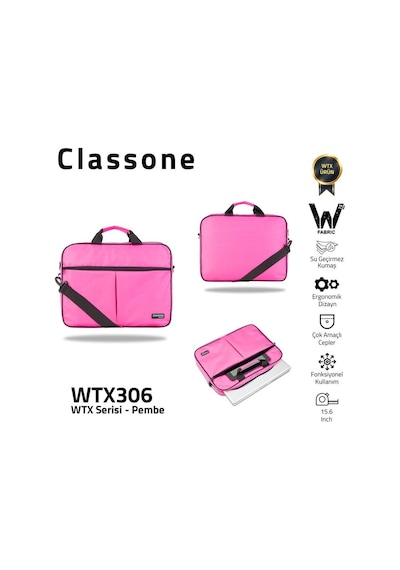 Classone Wtx306 Wtxpro Serisi 15.6 İnch Su Geçirmez Kumaş Apple Uyumlu MacBook , Laptop , Notebook El Çantası- Pembe