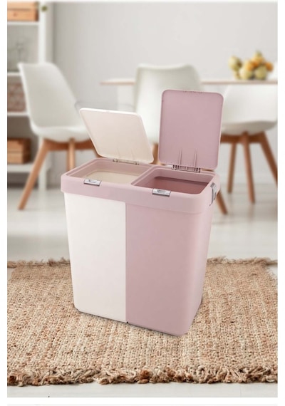Pembe-beyaz Mote Ikili Dokunmatik Kirli Çamaşır Sepeti 2 Bölmeli Dokunmatik Kapak 80lt,