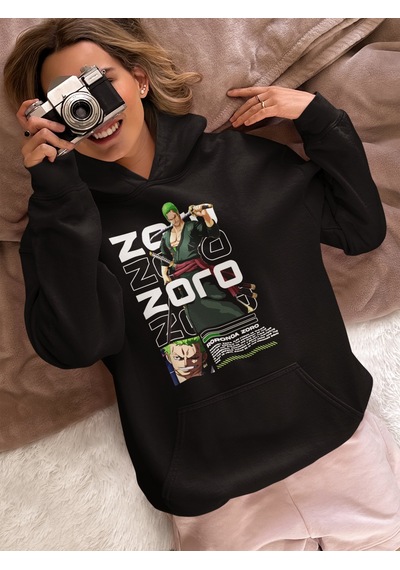 Sevbano Roronoa Zoro Baskılı Unisex Oversize One Piece Anime Karakter Hoo Siyah