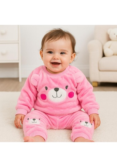 Alpbebe Cute Bear Suratlı Omuzdan Çıtçıtlı Welsoft İçi Astarlı 2 Parça Takım Pembe