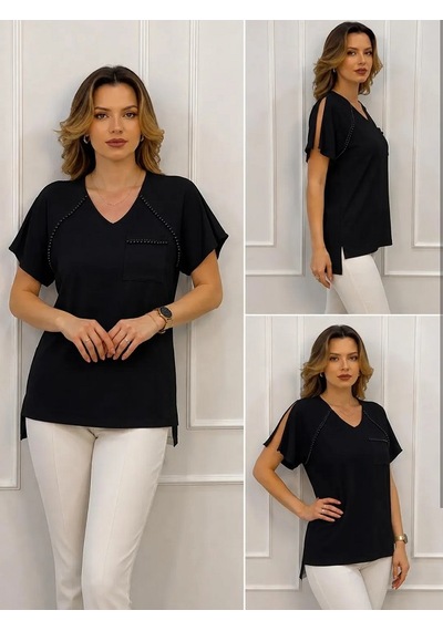 Mirve Butik İnci Ve Kol Yırtmaç Detaylı Sandy Bluz Siyah