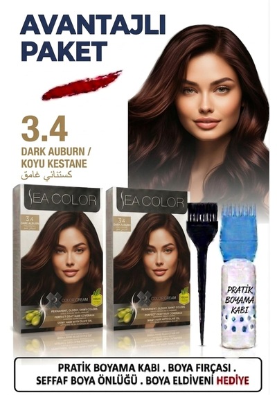 Sea Color Set Saç Boyası 3.4 Koyu Kestane 2 Li 2 Kutu+pratik Boya Kabı