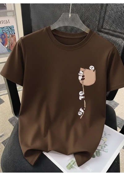 Sevimli Panda Grafikli İpli Cep Detaylı Kısa Kollu Oversize Unisex Bisiklet Yaka Tişört Kahve