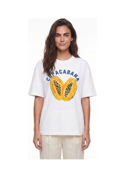 Onloox Kadın Beyaz Beyaz Pamuklu Bisiklet Yaka Kısa Kollu Oversize Papaya Baskılı Basic T-shirt