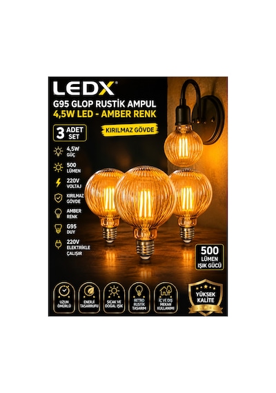 3 Adet G95 Rustik Led Ampul 4,5w Amber E27 ,balon Kırılmaz Gövde,500 Lümen,dekoratif Vintage Edison Glop Ampul 220v, Enerji Tasarruflu Uzun Ömürlü Led Lamba Seti