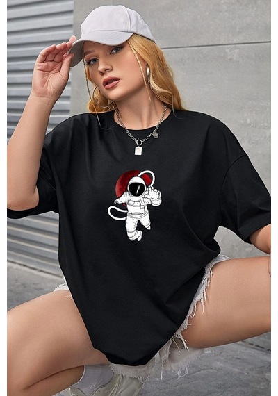 Unisex Nasa Baskılı Tasarım Tshirt SIYAH