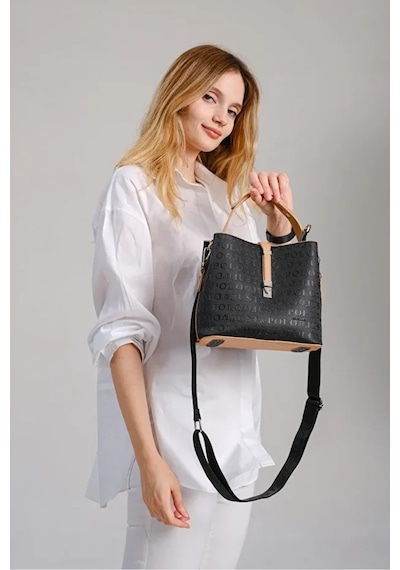 Just Polo Kadın Su Geçirmez Şık El & Omuz Çantası Ve Cüzdanı Kombin Shopper Siyah - Taba