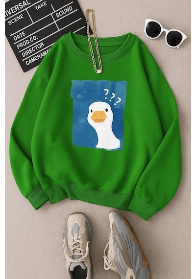 Benroma 3 İplik Penye Ördek Baskılı Unisex Sweatshırt Yeşil
