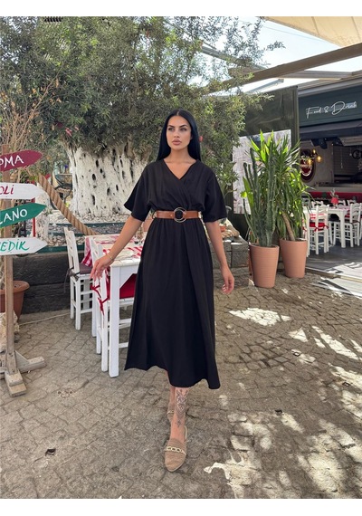 WeShaya Siyah Kruvaze Kemerli Midi Elbise Siyah WeShaya Siyah Kruvaze Kemerli Midi Elbise Siyah