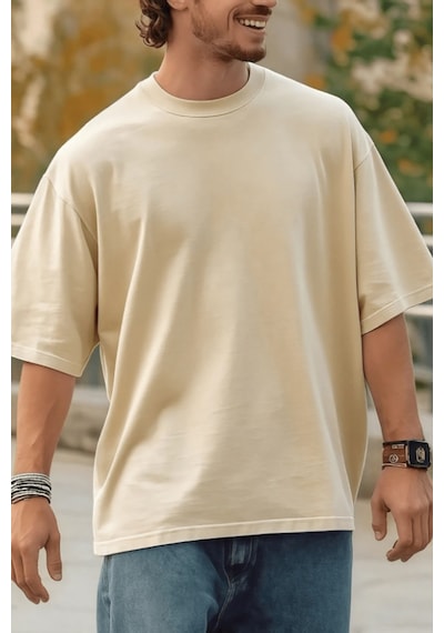 Erkek %100 Organik Pamuklu Kalın Dokulu Comfort Fit Bisiklet Yakalı T-shirt Bej