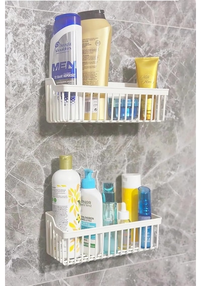 Yapışkanlı Banyo Rafı 2'li Banyo Düzenleyici Duş Rafı Kanca Askılı Organizer Şampuanlık Plastik Siyah