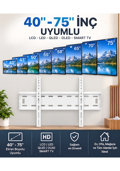 Beyaz Tv Duvar Askı Aparatı 40 75 İnç Led Lcd Qled Smart Tv Uyumlu Sabit Duvar Montaj Aparatı