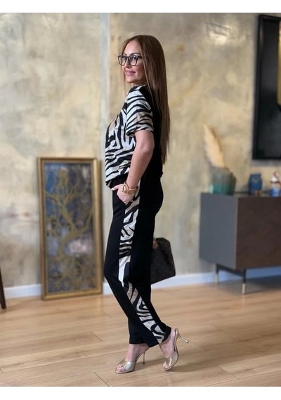 Defymoda Kadın Bisiklet Yaka Kısa Kol Leopar Desen Bluz Ve Pantolon Ikili Takım Siyah