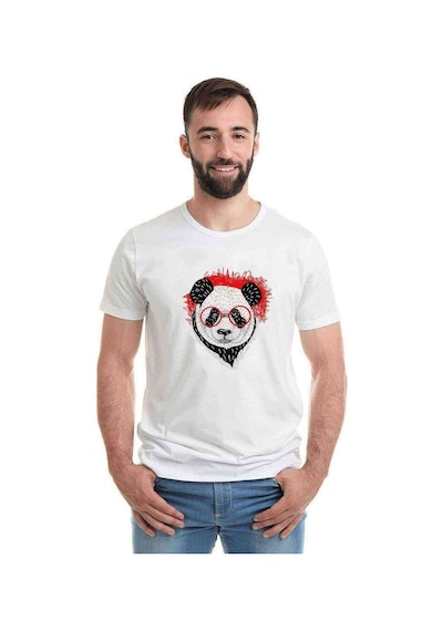Gözlüklü Panda Baskılı Beyaz Erkek Tshirt (530997748)