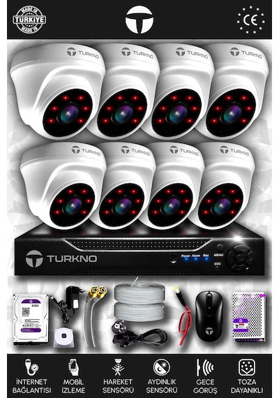 Turkno 8 Kameralı Domia 8 İç Kamera Set 250 GB HDD Full HD Gece Görüşlü Güvenlik Kamerası Sistemi