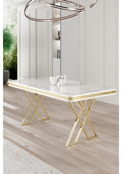 Canisa Rigel Serisi 80x130 Lak Panel Beyaz Mermer Desen Masa Takımı Gold Ayaklı 4 Antrasit Sandalye Masa Beyaz Mermer Desen Sandalye Antrasit