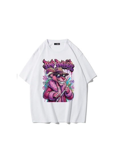 Brz Collectıon Brz Collection Unisex Oversize Ön Baskılı Pimp Panther T-shirt Beyaz