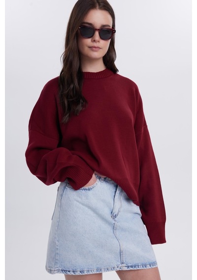 Tudors Kadın Oversize Geniş Kesim Bisiklet Yaka Bordo Kazak-41709