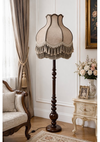 Vizon Kadife Başlık Koyu Ceviz Ahşap Ayaklı Lambader Vintage Model 170x50cm