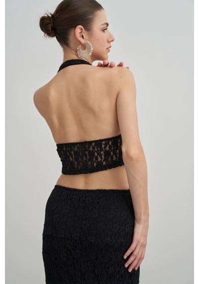 Fashion Cocktail Siyah Dantel Dokulu Feminen Halter Yaka Büstiyer Crop Transparan Midi Etek Gece Takım Fashion Cocktail Siyah Dantel Dokulu Feminen Halter Yaka Büstiyer Crop Transparan Midi Etek Gece Takım