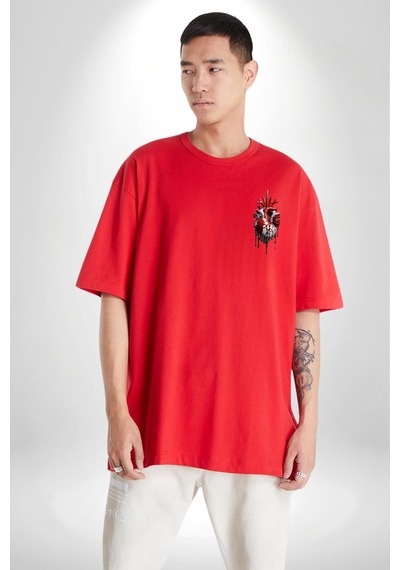 Doğanın Kalbi Yeşillikler Kalp Kırmızı Oversize Unisex Ön Ve Sırt Baskılı Tişört Kırmızı