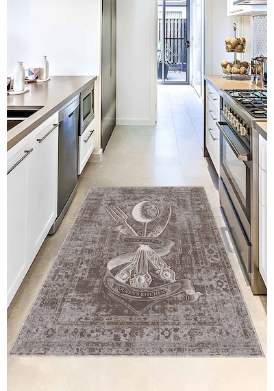 Bej Kaymaz Tabanlı Yıkanır Kitchen Queen Mutfak Halısı Vh103n11