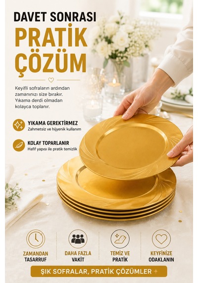 6'lı Gold Mika Plastik Tabak 23 Cm Kullan At Parti Davet Doğum Günü Nişan Söz Sunum Tabağı Seti