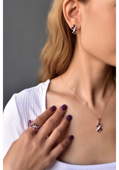 Papatya Silver 925 Ayar Gümüş Rose Kaplama Renkli Baget Taşlı Kolye Küpe Yüzük Set