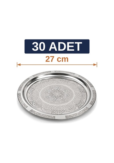 Binbir Trend 27 Cm Otantik Desenli Krom Çelik Kebap, Izgara, Meze Ve Servis Tabağı 30 Adet