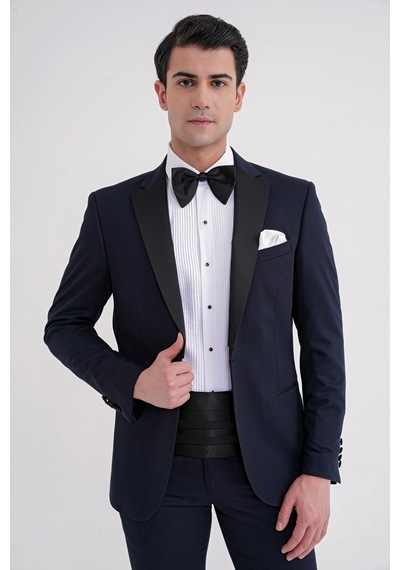 Slim Fit Fleto Cep Çıkarılabilir Saten Yaka Düz Lacivert Damatlık Smokin Takım Altro 032 Lacivert