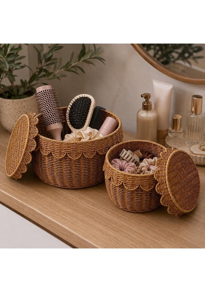 Tr 2'li Rattan Sepet Organizer Kapaklı Hasır Saklama Sepeti Seti Dekoratif Çok Amaçlı Düzenleyici Sepet Büyük Ve Diğer