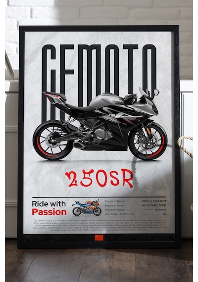 Cfmoto 250 Sr Siyah Ahşap Çerçeveli Poster, Dekoratif Motosiklet Duvar Tablosu