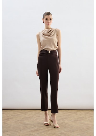 Sateen Bel Aksesuarlı Pantolon - Kahve-136829 Kahve