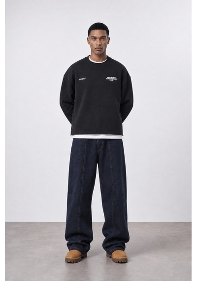 Respire Erkek Cake Baskılı Pis Dikiş Detaylı Oversize Sweatshirt Siyah
