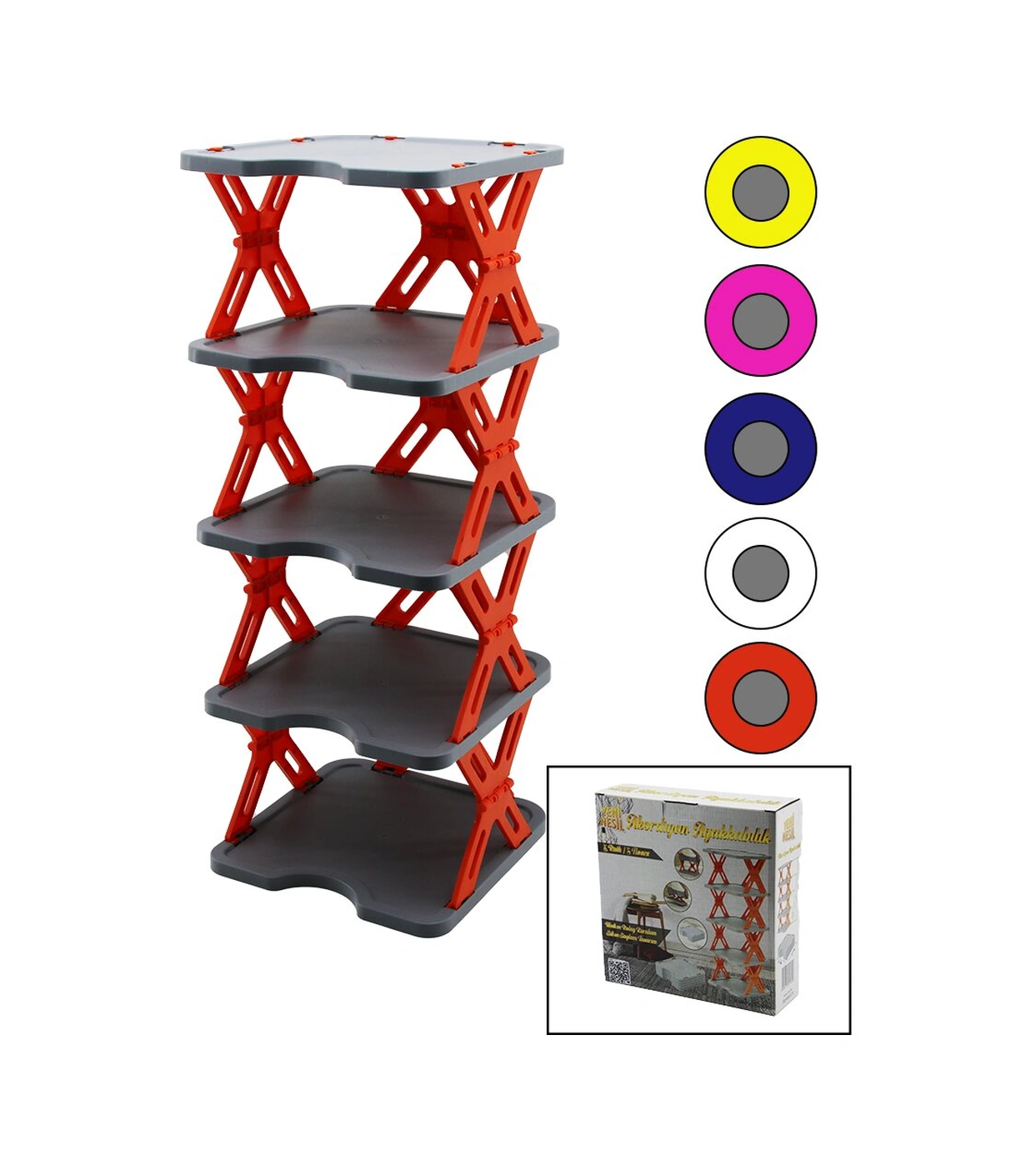 Yeni Nesil Akordiyon - Katlanır - 5 Katlı Plastik Ayakkabılık Gri Taban-27x27cm - Renkli Ayaklar Ahşap - Beyaz
