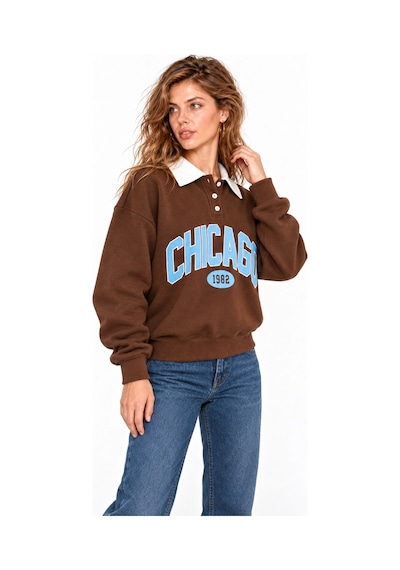 Mevese Kadın Chicago Baskılı Polo Yaka Şardonlu Sweatshirt - Üç İplik Oversize- Acı Kahve Kahverengi