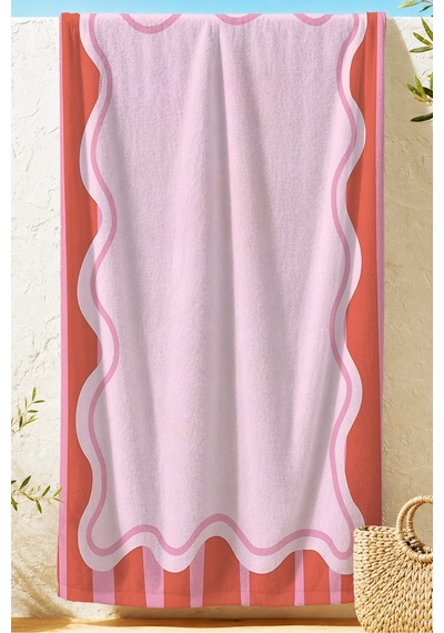 Modern Çizgili Pembe Plaj Havlusu - Minimalist Dalgalı Form Mercan Tonlu Hızlı Kuruyan Havlu Örtü Sessiz Kıyısı