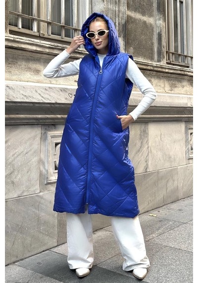 Veraura Lifestyle Saks Mavi Kapüşonlu Cepli Baklava Desen Uzun Şişme Yelek