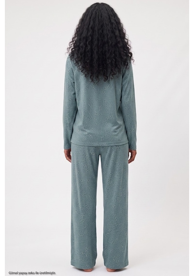 Siyah İnci Leopar Baskılı Örme Pijama Takım 8078 Yeşil Leopar