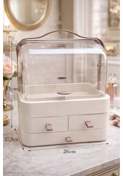 Elora Krem Makyaj Organizeri, 35x26x17,5 Cm, 3 Çekmeceli, Şeffaf 90 İki Kapaklı