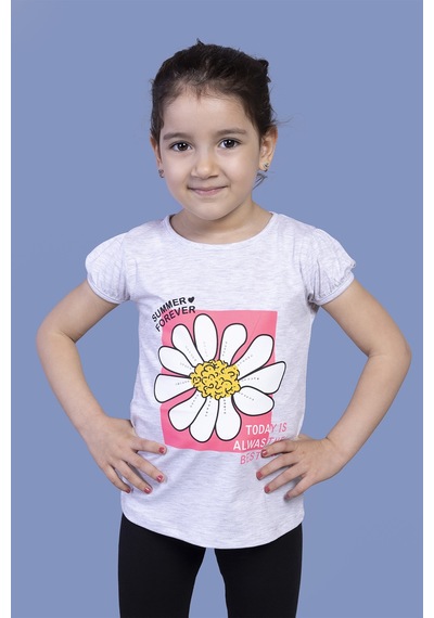 Toontoy Kids Toontoy Kız Çocuk Papatya Baskılı Taş İşlemeli Tişört Gri Melanj